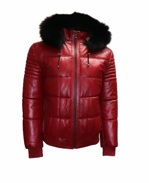 LEATHER PUFFER WITH FOX FUR HOOD